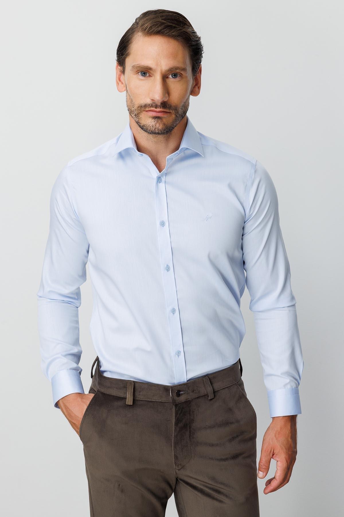 Mavi Slim Fit Dar Kalıp Klasik Yaka Düz Uzun Kollu Cepsiz %100 Pamuk Non Iron Ütü İstemeyen Gömlek 