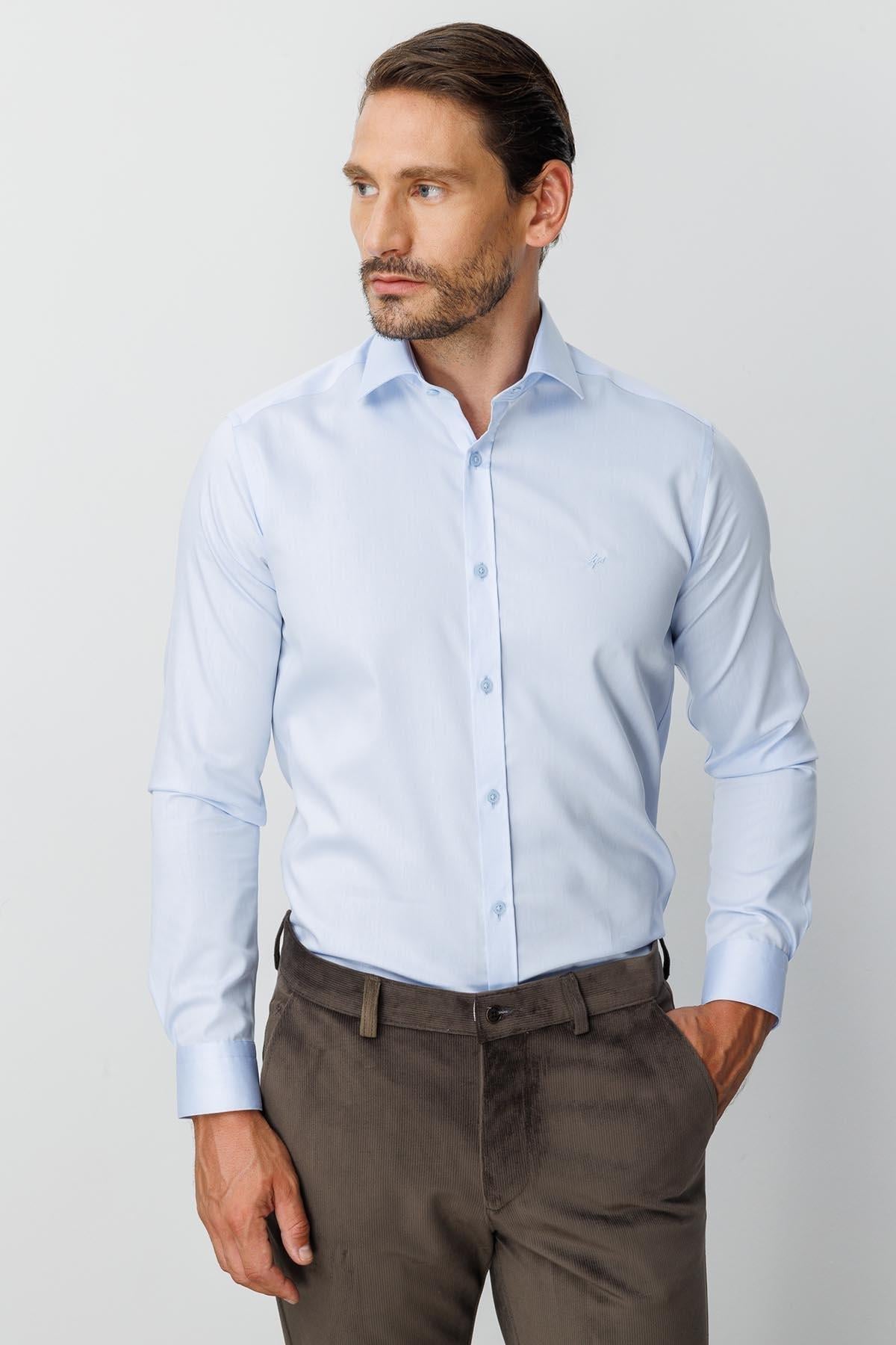 Mavi Slim Fit Dar Kalıp Klasik Yaka Düz Uzun Kollu Cepsiz %100 Pamuk Non Iron Ütü İstemeyen Gömlek 