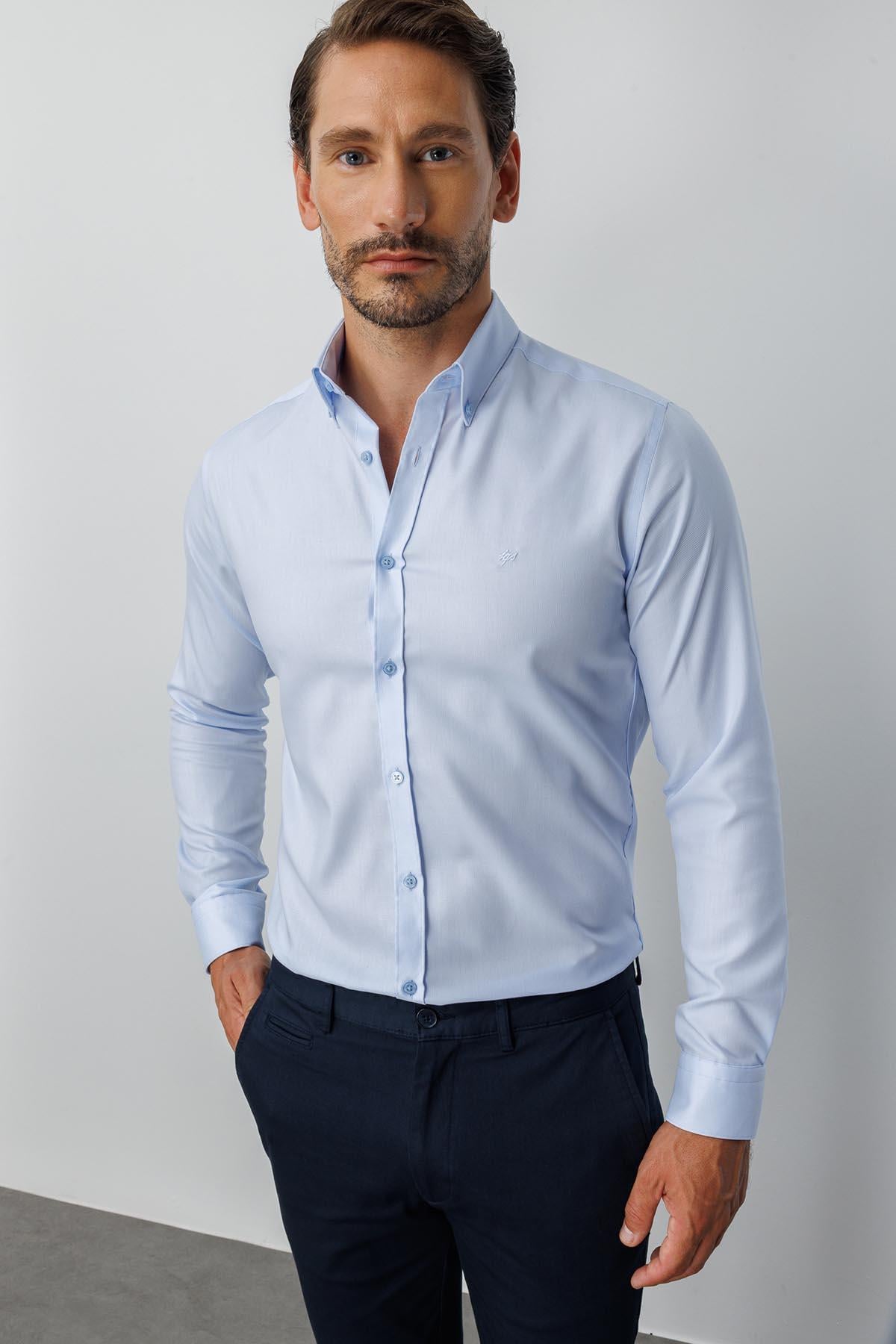 Mavi Slim Fit Dar Kalıp Klasik Yaka Düz Uzun Kollu Cepsiz %100 Pamuk Non Iron Ütü İstemeyen Gömlek 