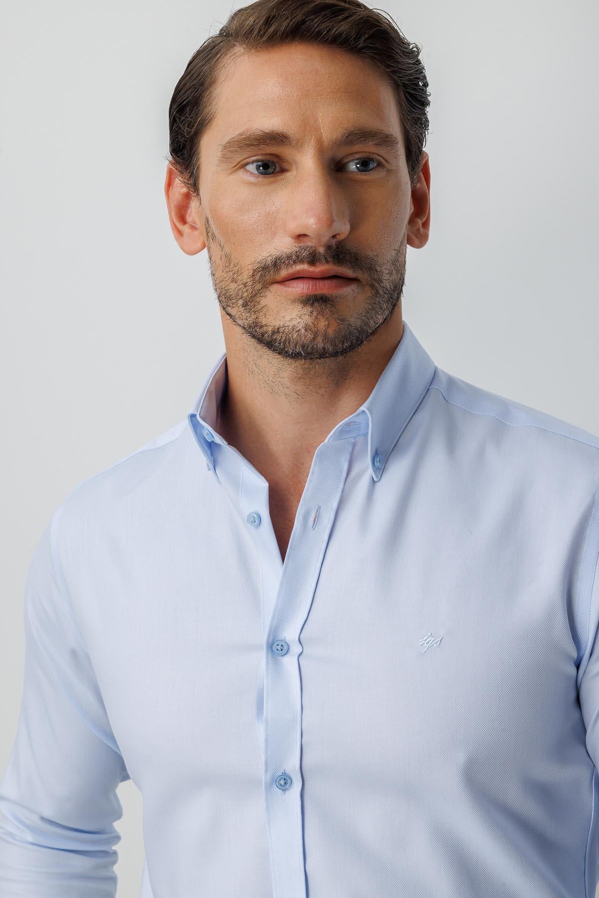 Mavi Slim Fit Dar Kalıp Klasik Yaka Düz Uzun Kollu Cepsiz %100 Pamuk Non Iron Ütü İstemeyen Gömlek 