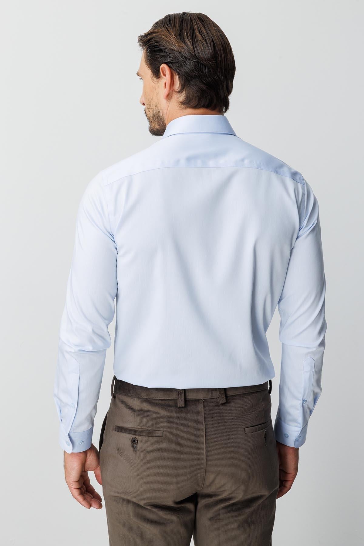 Mavi Slim Fit Dar Kalıp Klasik Yaka Düz Uzun Kollu Cepsiz %100 Pamuk Non Iron Ütü İstemeyen Gömlek 