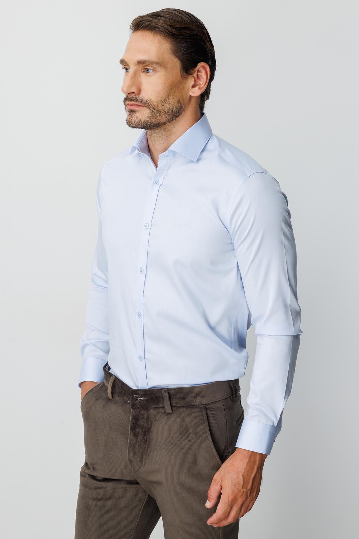 Mavi Slim Fit Dar Kalıp Klasik Yaka Düz Uzun Kollu Cepsiz %100 Pamuk Non Iron Ütü İstemeyen Gömlek 