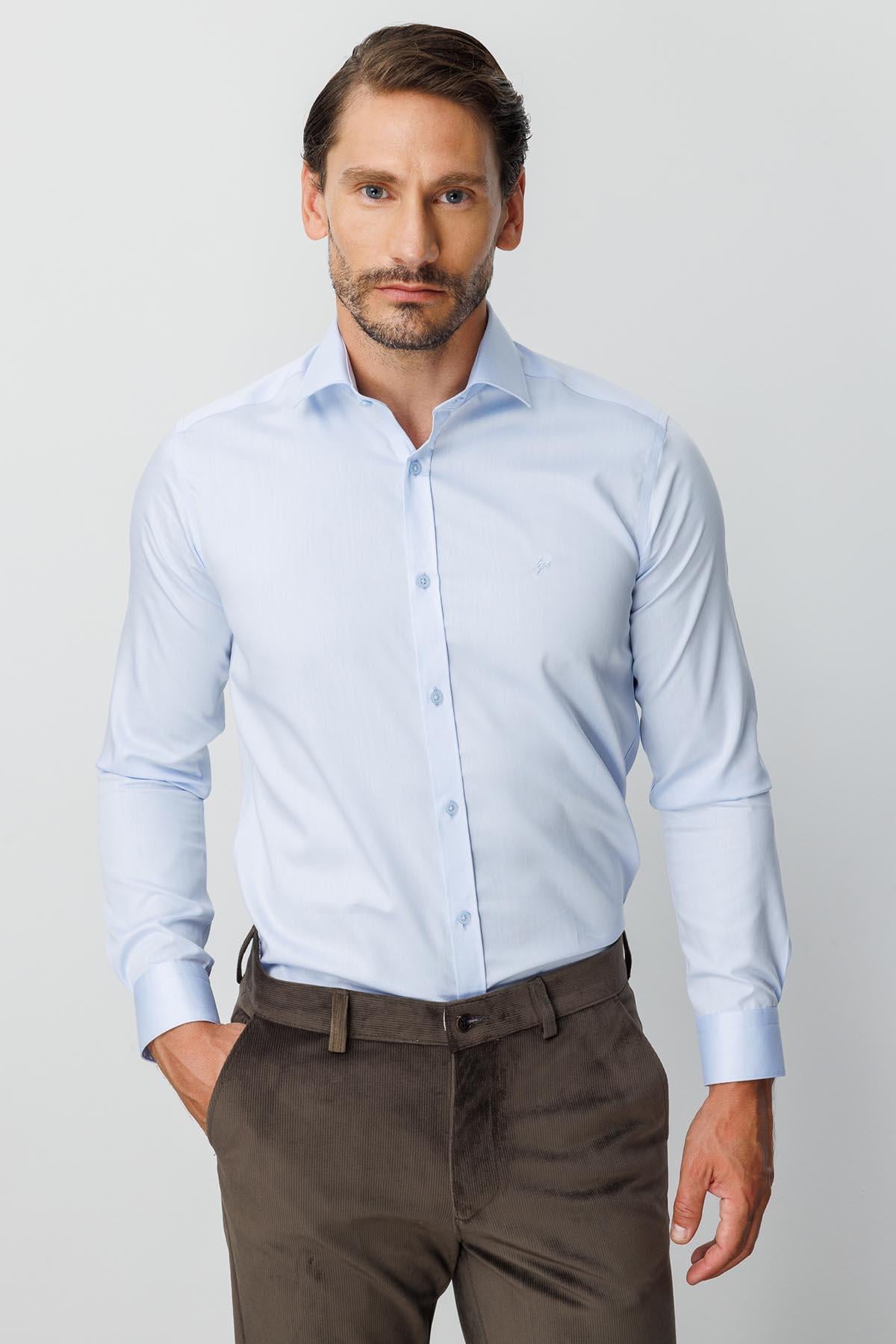 Mavi Slim Fit Dar Kalıp Klasik Yaka Düz Uzun Kollu Cepsiz %100 Pamuk Non Iron Ütü İstemeyen Gömlek 