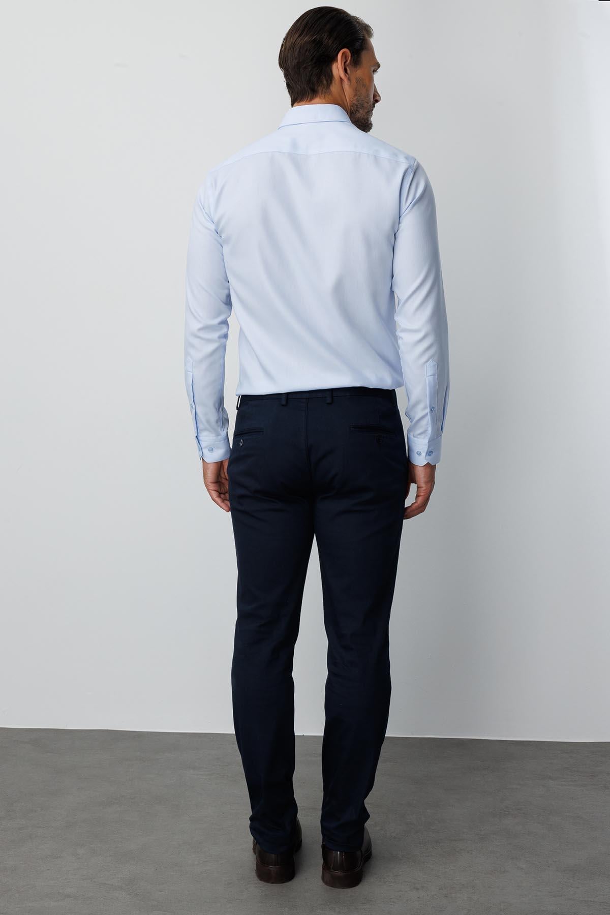 Mavi Slim Fit Dar Kalıp Klasik Yaka Düz Uzun Kollu Cepsiz %100 Pamuk Non Iron Ütü İstemeyen Gömlek 