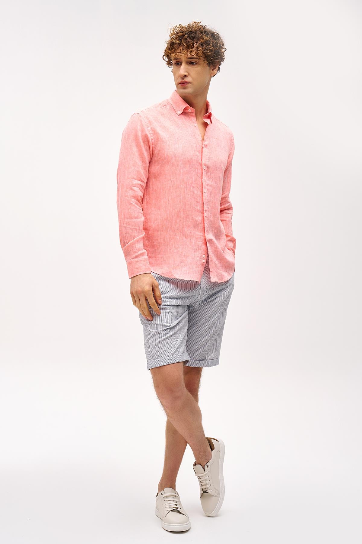 Mercan Dynamic Fit Düğmeli Yaka Düz Uzun Kollu Cepsiz %100 Keten Gömlek