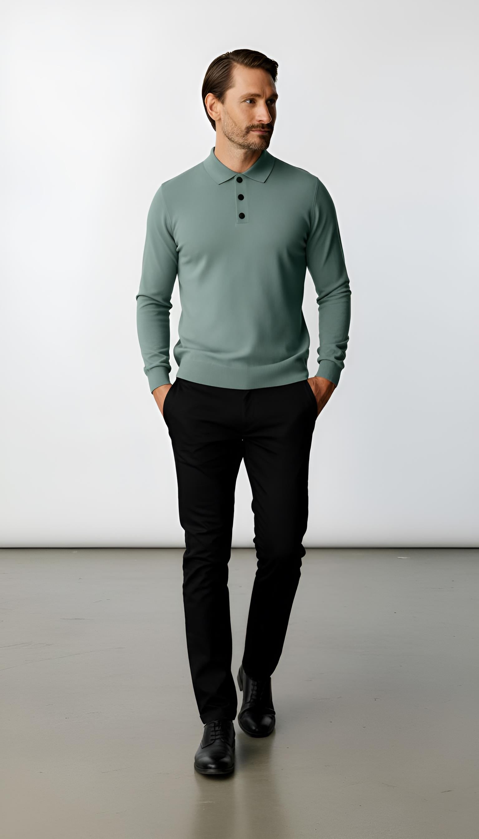 Mint Yeşili Standart Fit Dar Kalıp Polo Yaka Düz Uzun Kollu  Triko
