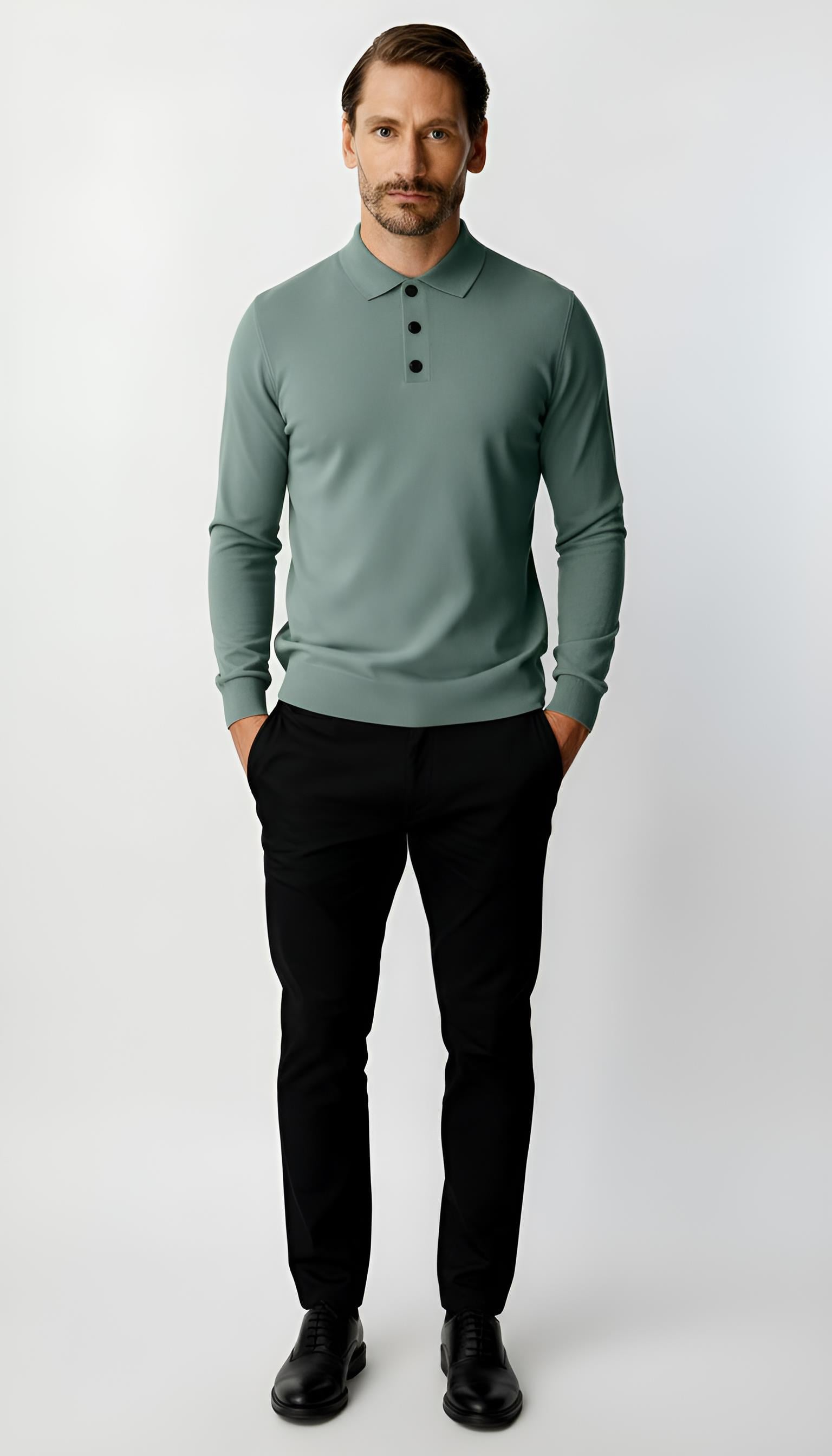 Mint Yeşili Standart Fit Dar Kalıp Polo Yaka Düz Uzun Kollu  Triko