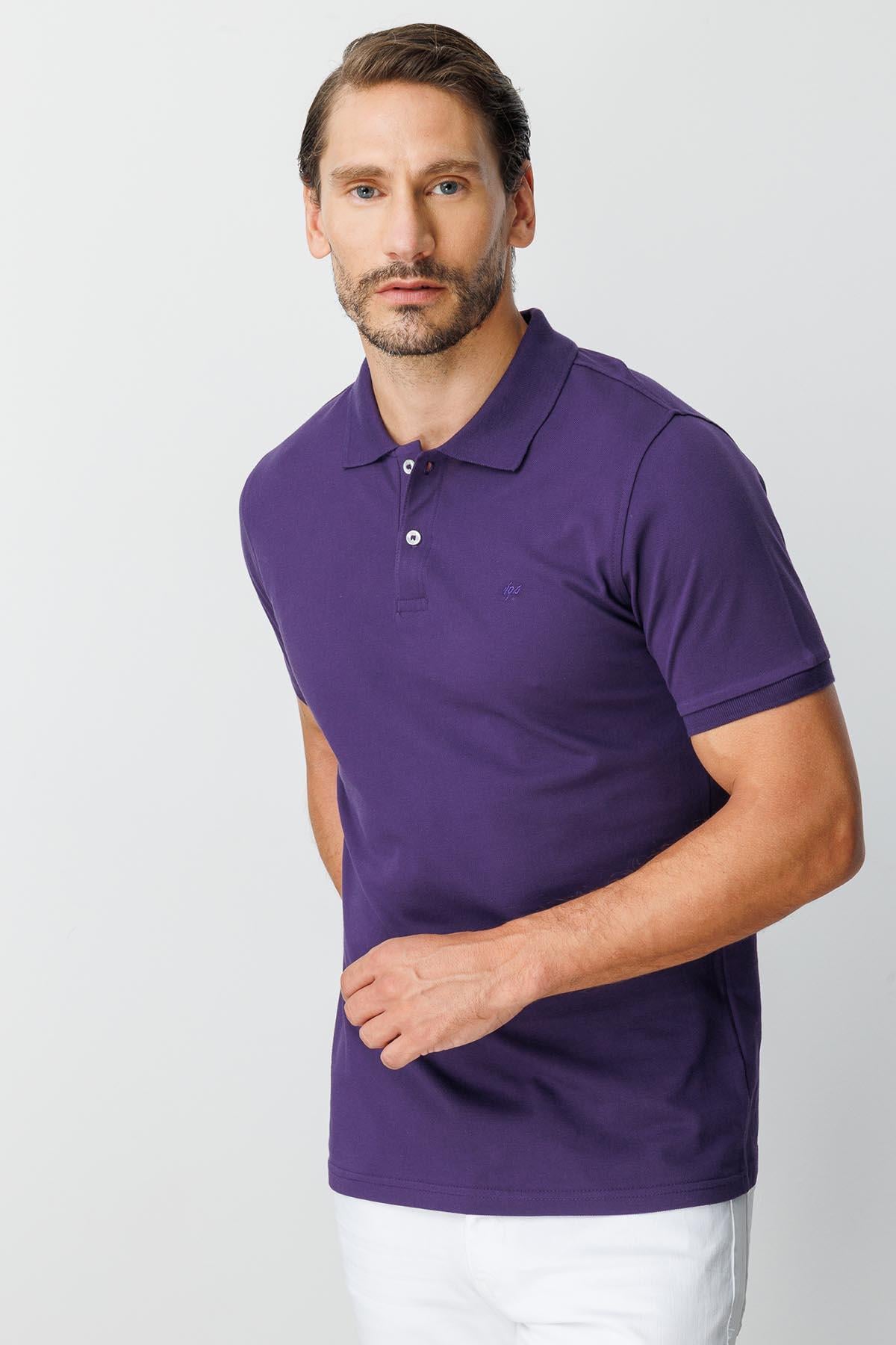 Mor Modern Fit Dar Kalıp Polo Yaka Düz Kısa Kollu %100 Pamuk Tişört