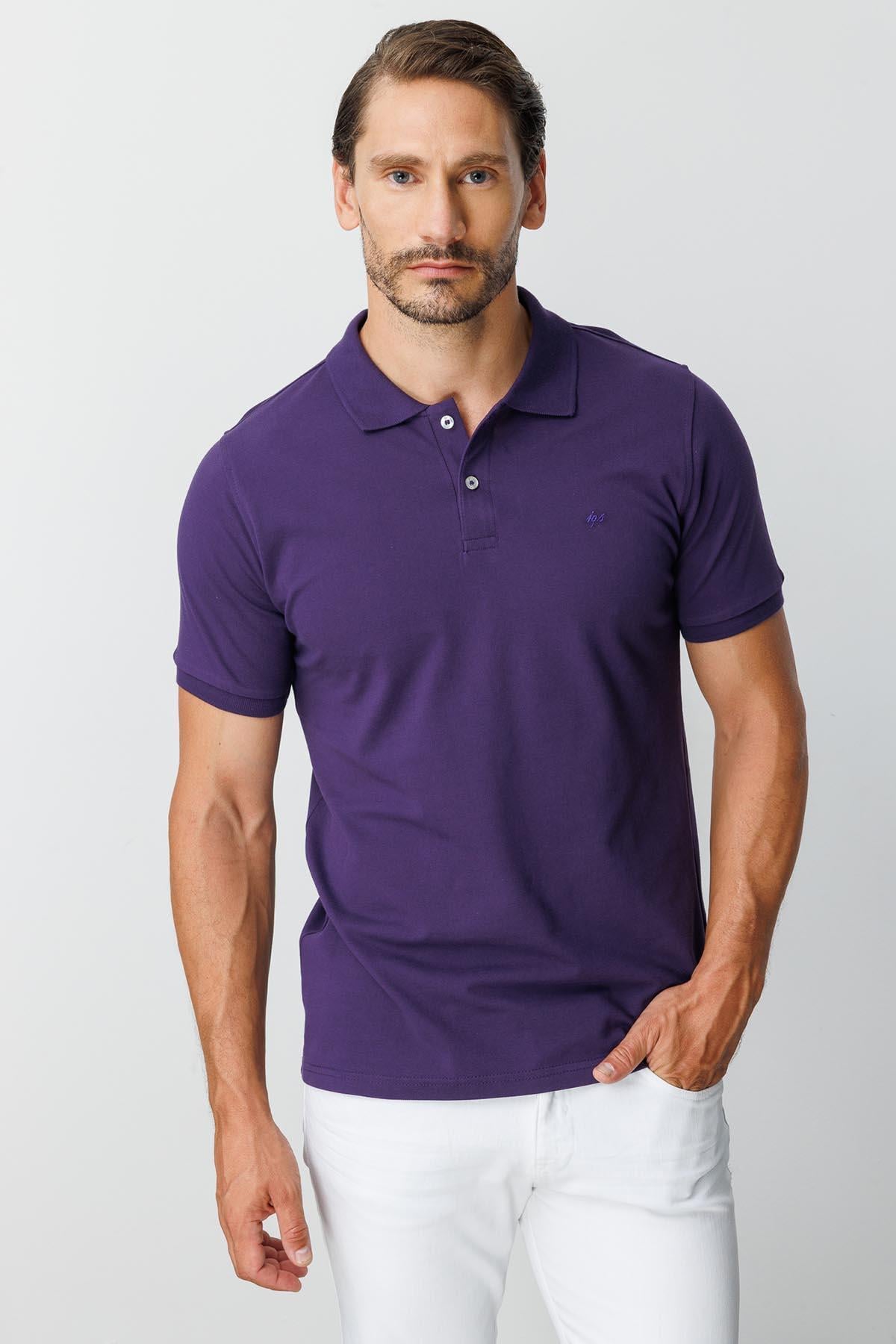 Mor Modern Fit Dar Kalıp Polo Yaka Düz Kısa Kollu %100 Pamuk Tişört