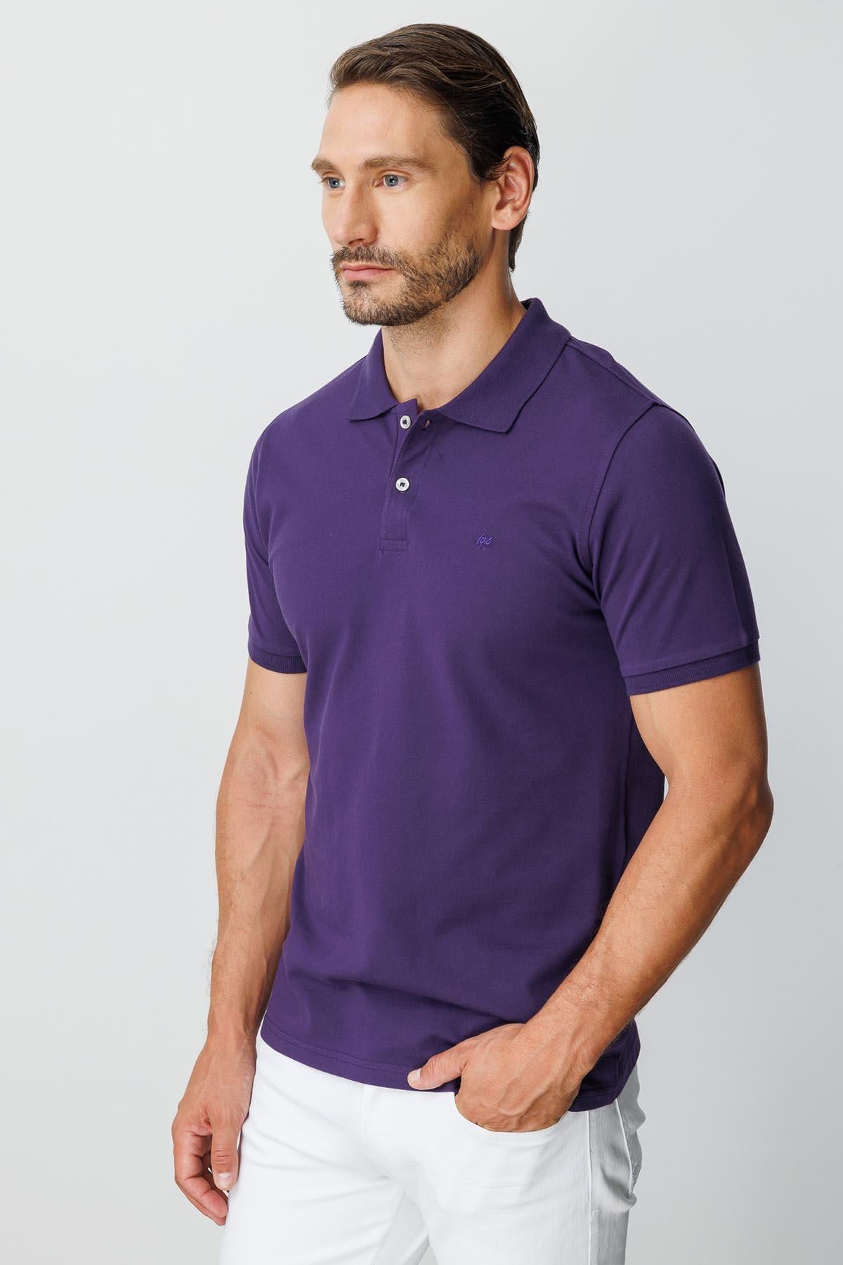 Mor Modern Fit Dar Kalıp Polo Yaka Düz Kısa Kollu %100 Pamuk Tişört