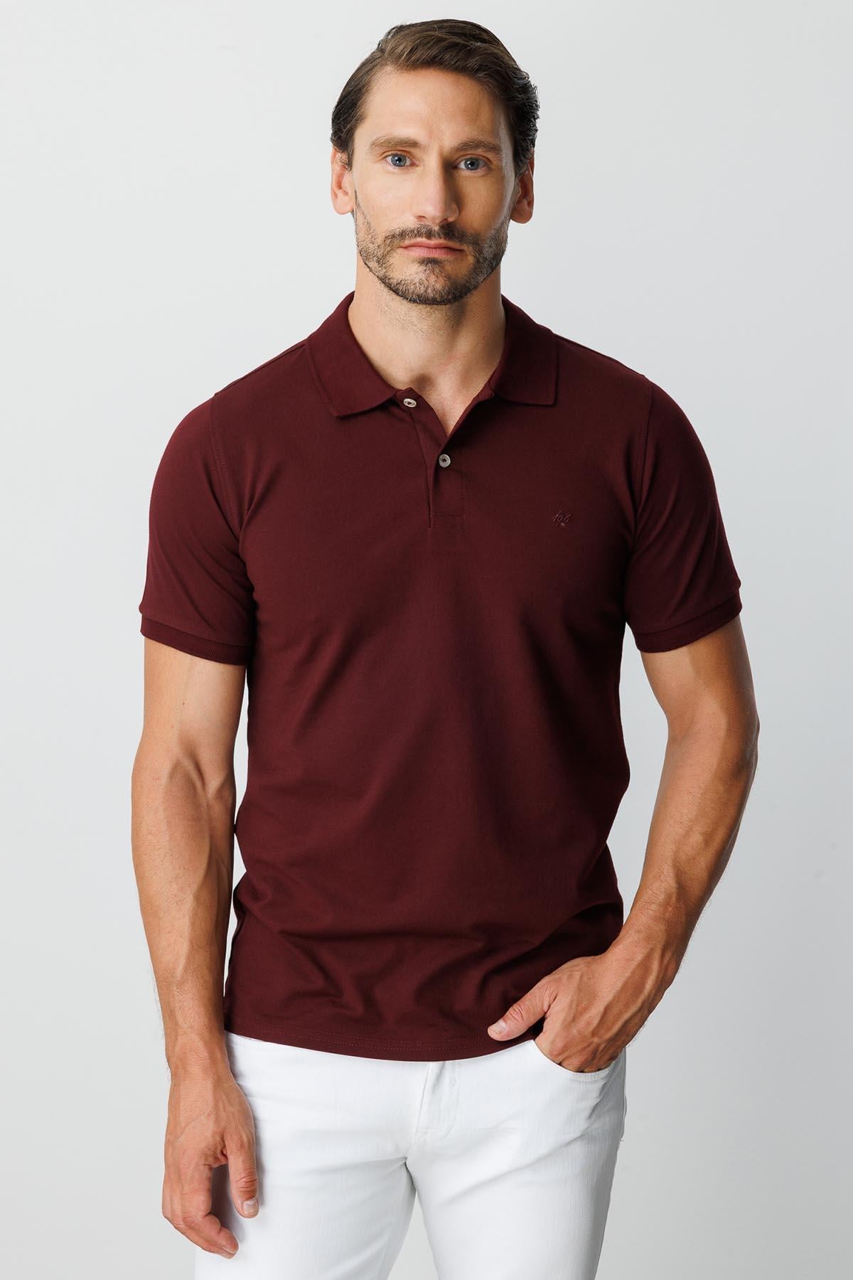 Mürdüm Modern Fit Dar Kalıp Polo Yaka Düz Kısa Kollu Pamuklu Tişört