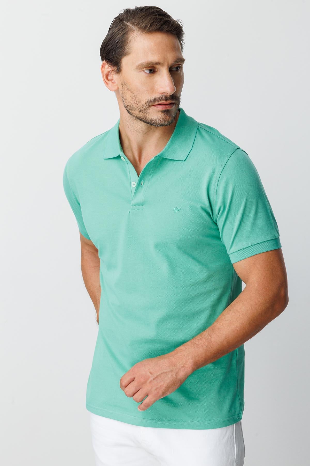 Nil Yeşili Modern Fit Dar Kalıp Polo Yaka Düz Kısa Kollu Pamuklu Tişört