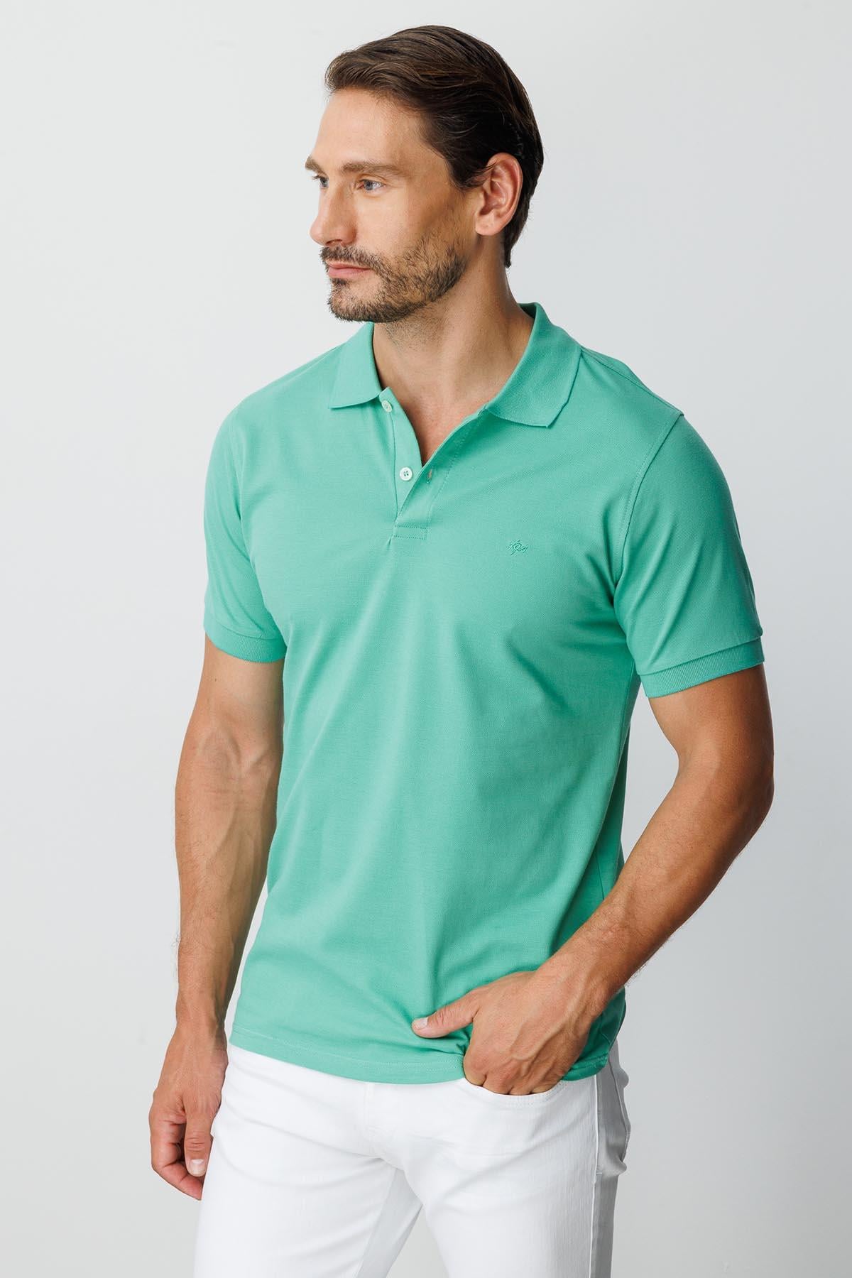 Nil Yeşili Modern Fit Dar Kalıp Polo Yaka Düz Kısa Kollu Pamuklu Tişört
