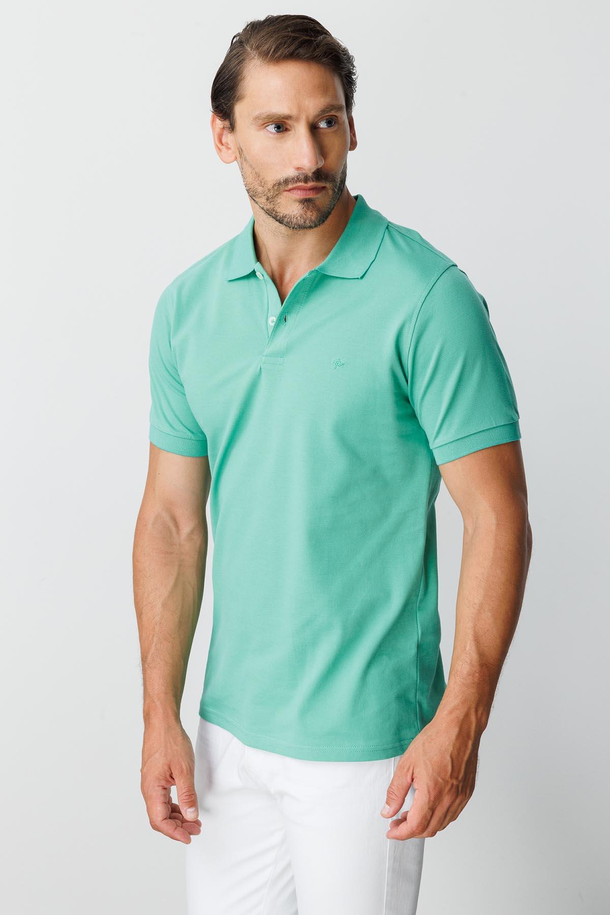Nil Yeşili Modern Fit Dar Kalıp Polo Yaka Düz Kısa Kollu Pamuklu Tişört