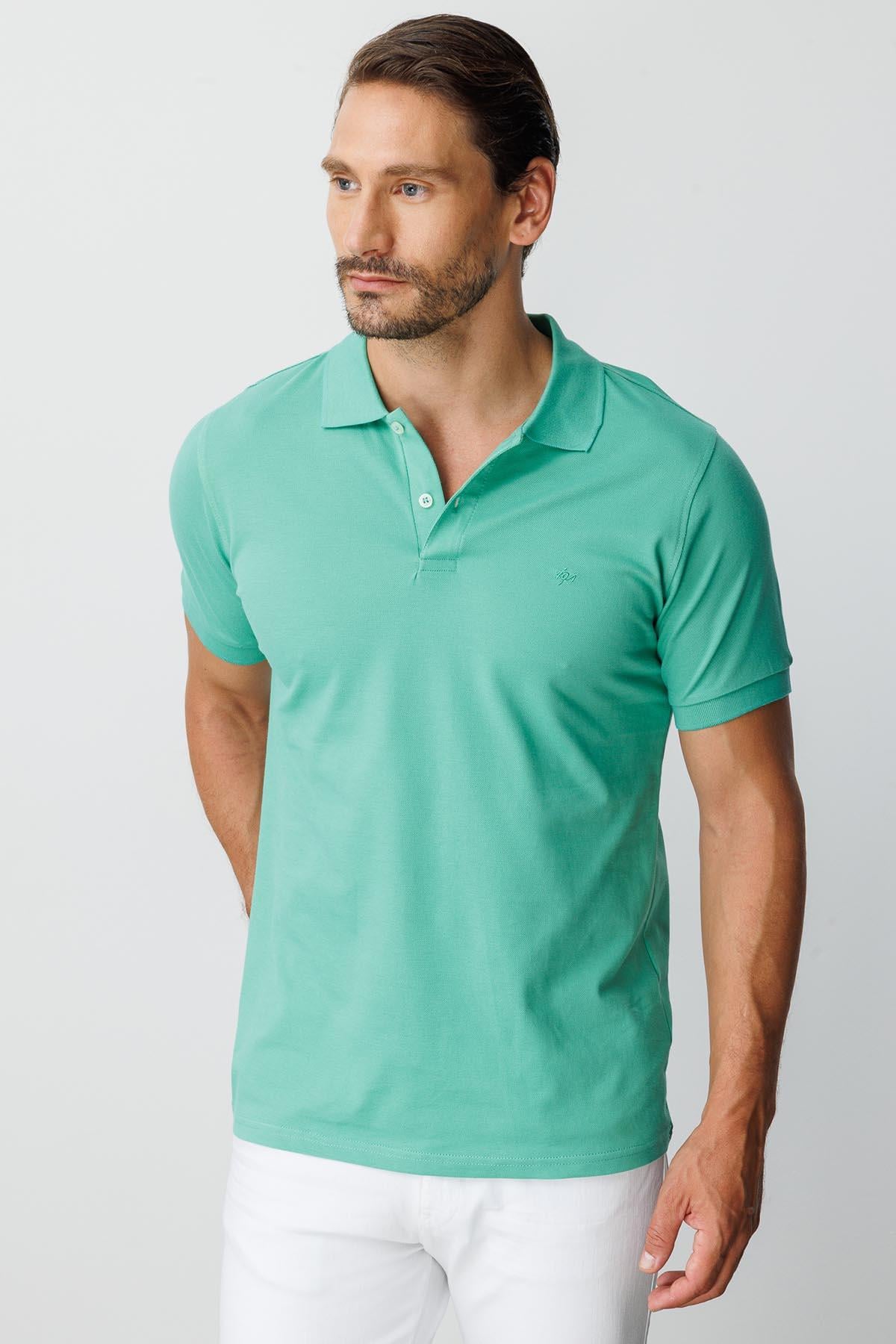 Nil Yeşili Modern Fit Dar Kalıp Polo Yaka Düz Kısa Kollu Pamuklu Tişört