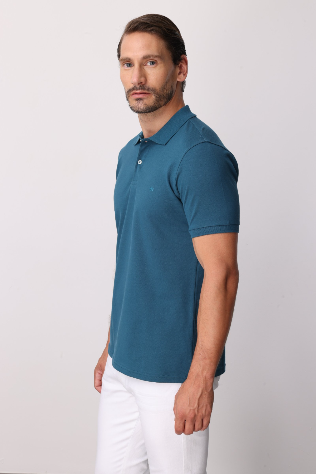 Petrol Modern Fit Dar Kalıp Polo Yaka Düz Kısa Kollu  %100 Pamuk Tişört