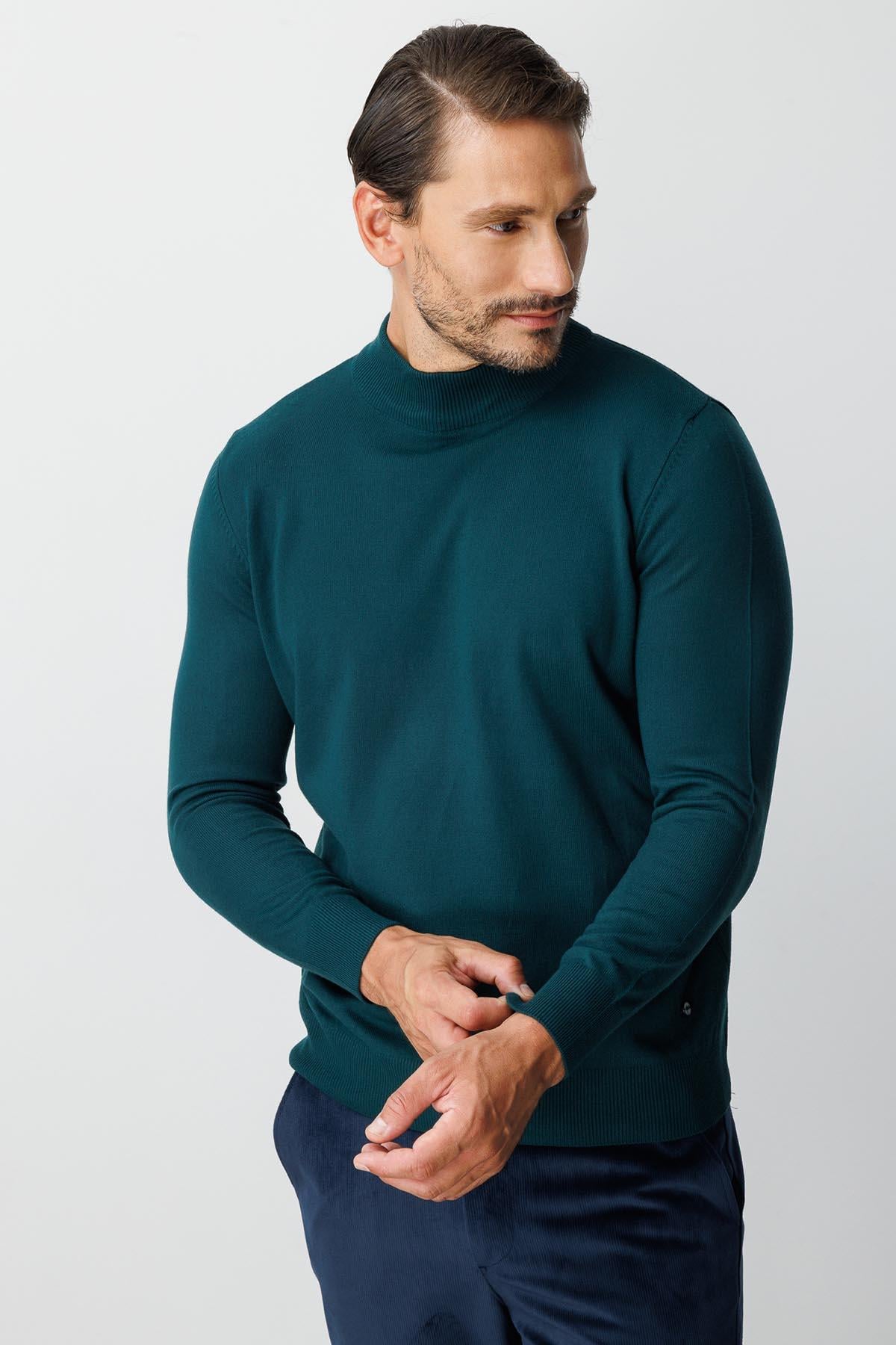 Petrol Modern Fit Dar Kalıp Yarım Balıkçı Düz Uzun Kollu Triko