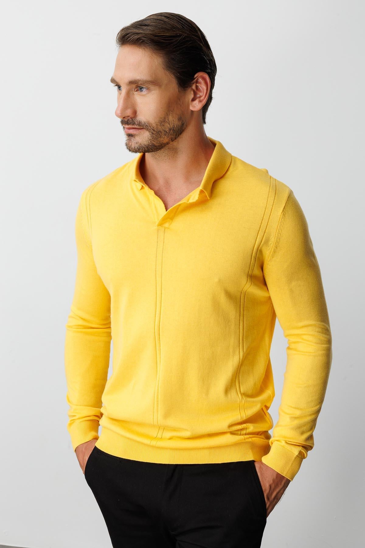 Sarı Standart Fit Dar Kalıp Polo Yaka Düz Uzun Kollu Triko