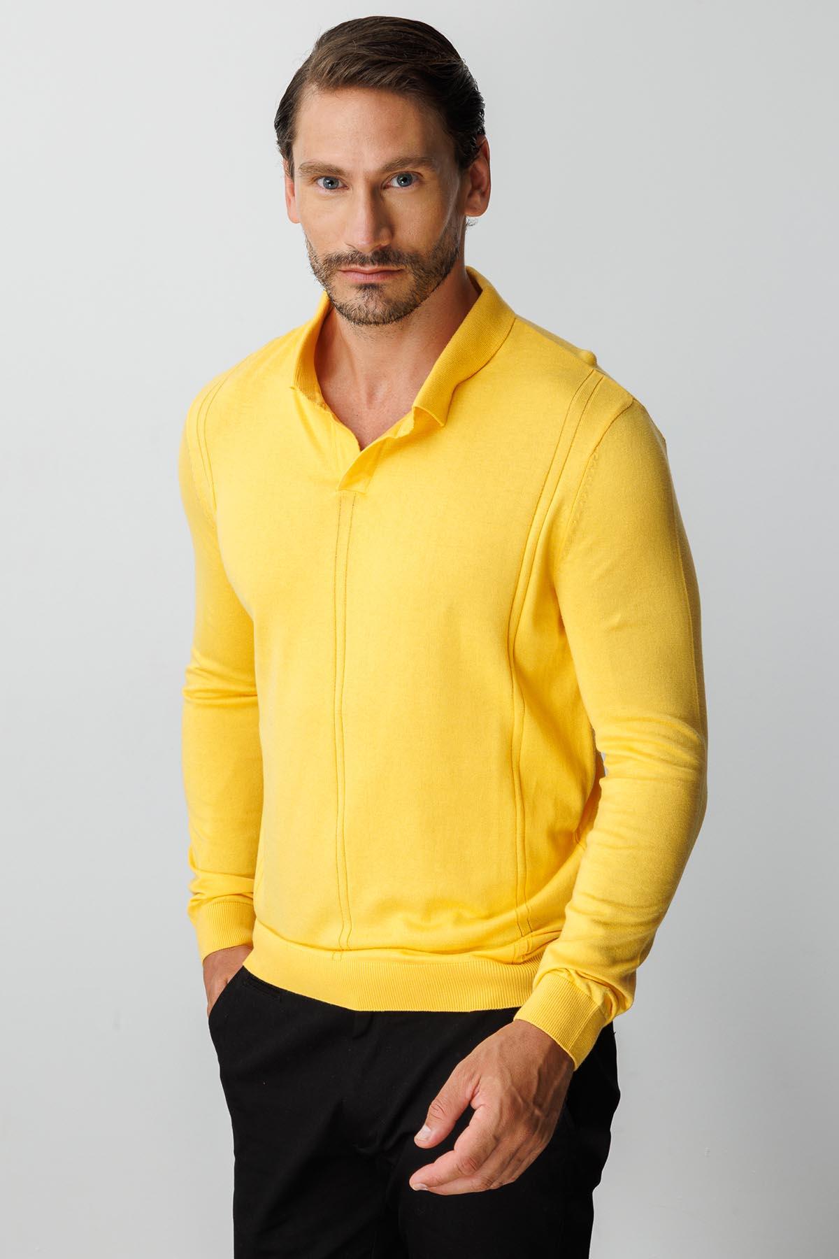 Sarı Standart Fit Dar Kalıp Polo Yaka Düz Uzun Kollu Triko