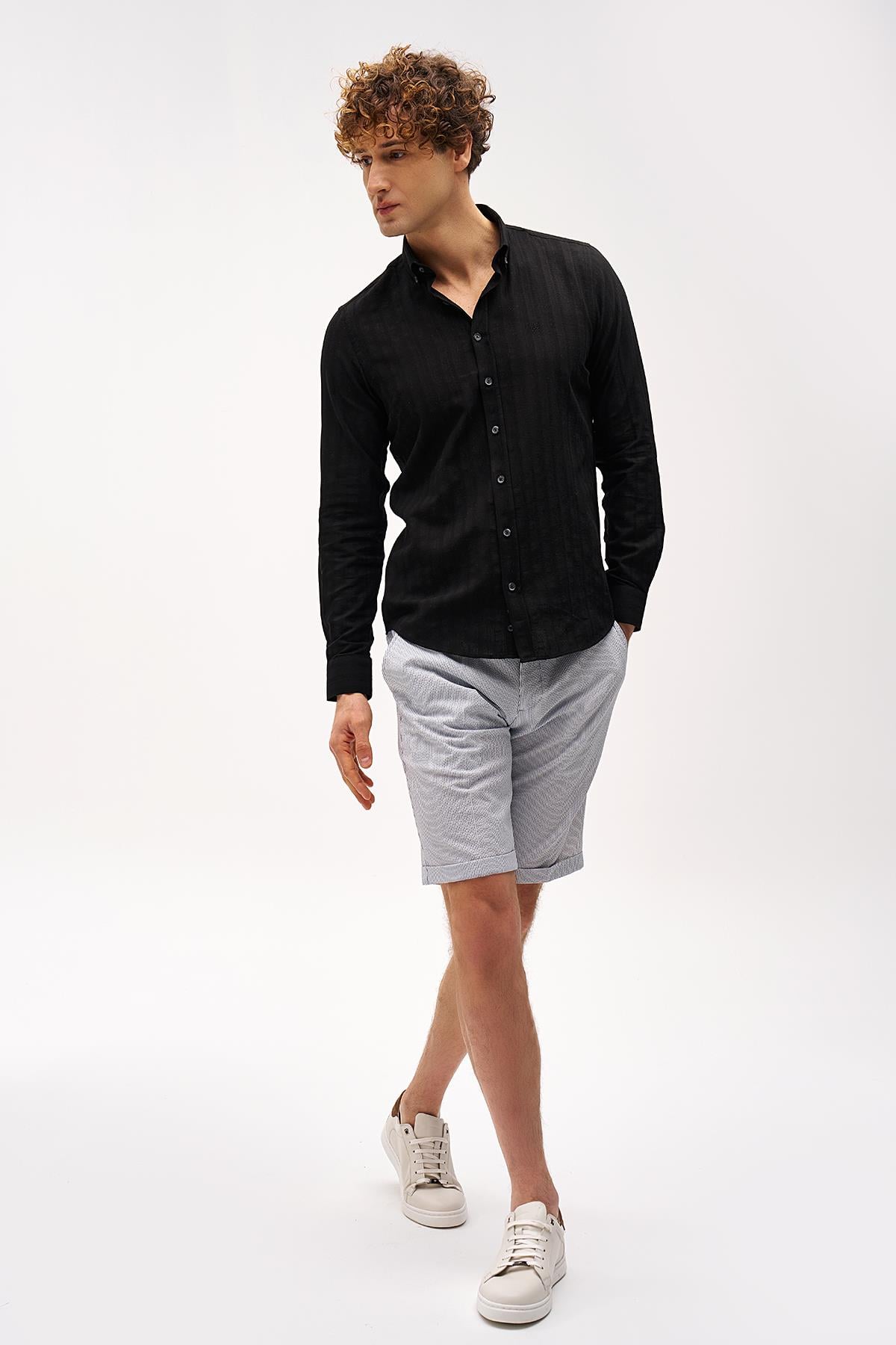 Siyah Dynamic Fit  Düğmeli Yaka Çizgili Uzun Kollu Cepsiz %100 Pamuk Gömlek