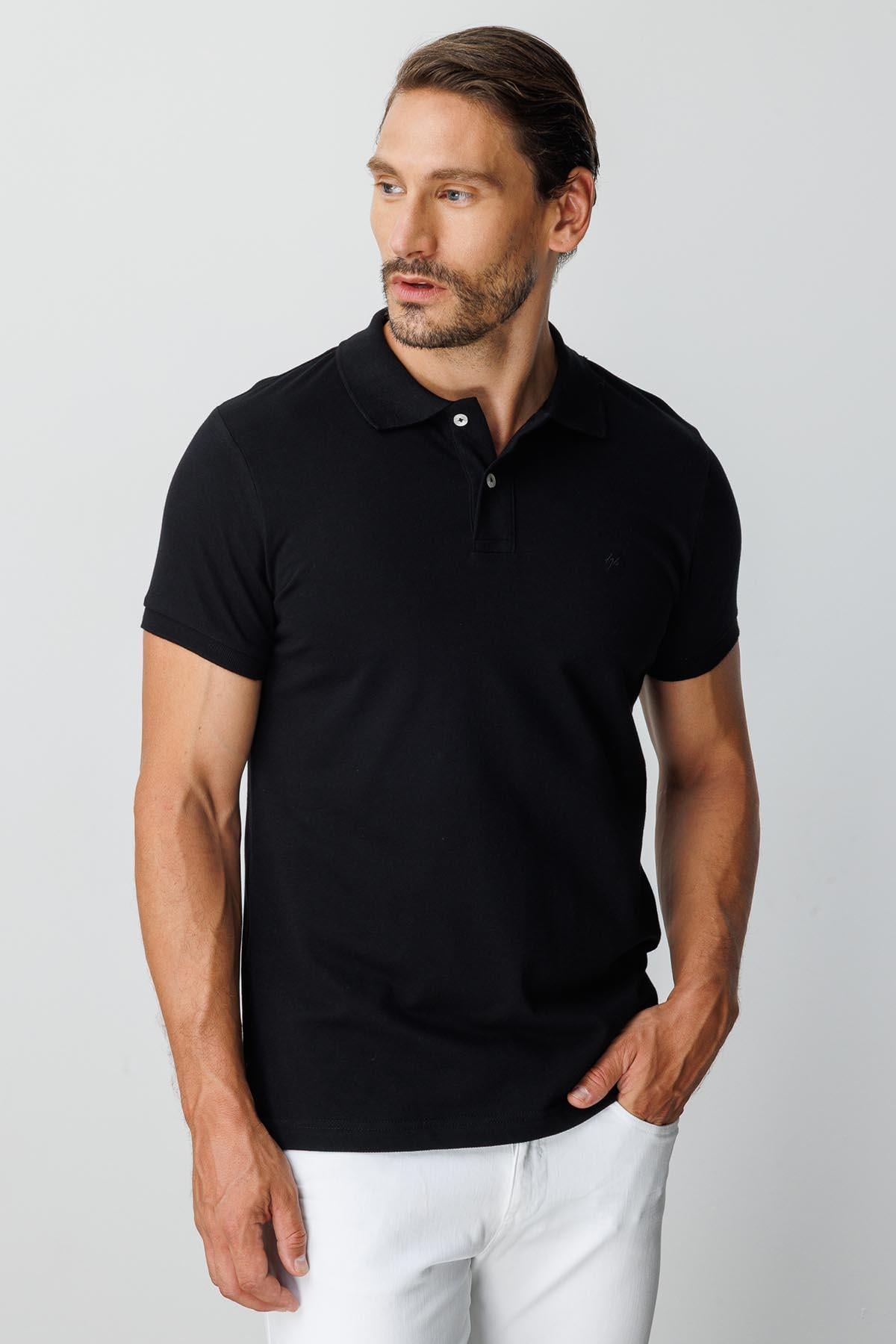 Siyah Modern Fit Dar Kalıp Polo Yaka Düz Kısa Kollu  %100 Pamuk Tişört