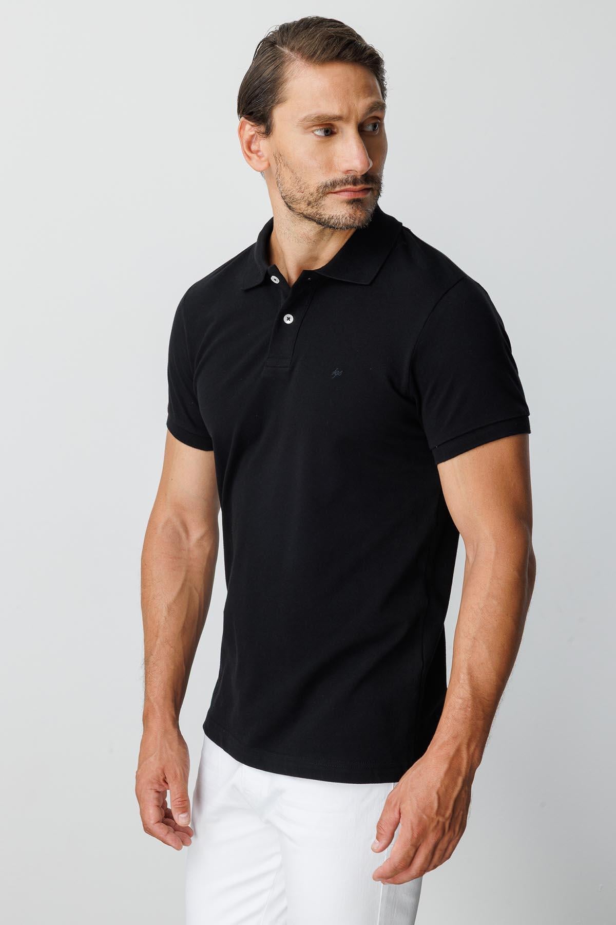 Siyah Modern Fit Dar Kalıp Polo Yaka Düz Kısa Kollu  %100 Pamuk Tişört