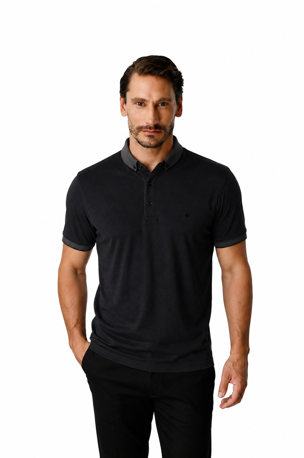 Siyah Slim Fit Dar Kalıp Düğmeli Polo Yaka Düz Kısa Kollu Pamuklu Tişört