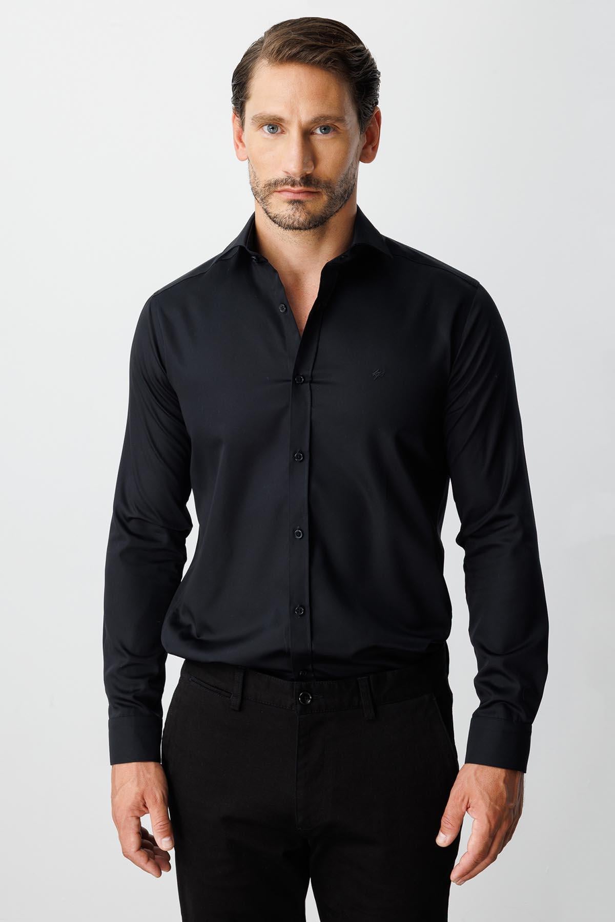 Siyah Slim Fit Dar Kalıp Klasik Yaka Düz Uzun Kollu Cepsiz %100 Pamuk Non Iron Ütü İstemeyen Gömlek 