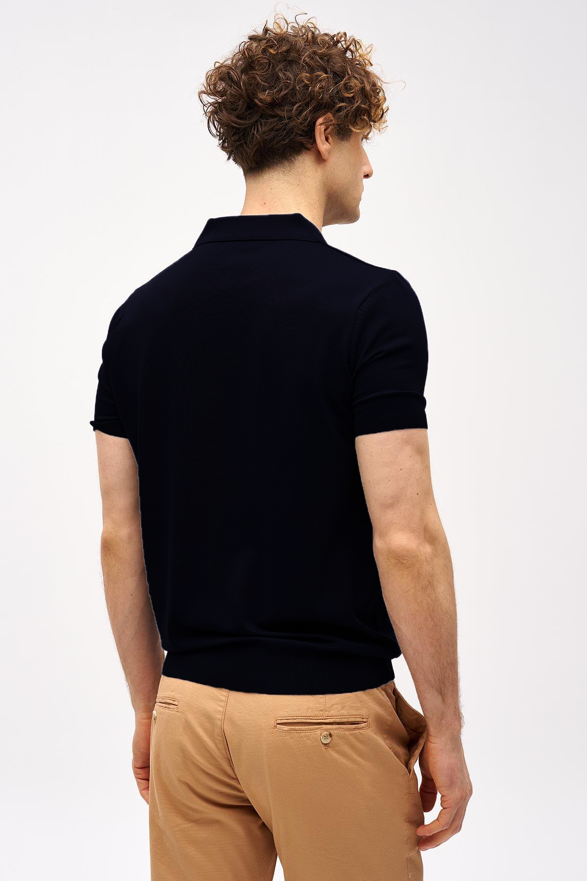 Siyah Slim Fit Dar Kalıp Polo Yaka Düz Kısa Kollu Triko Tişört