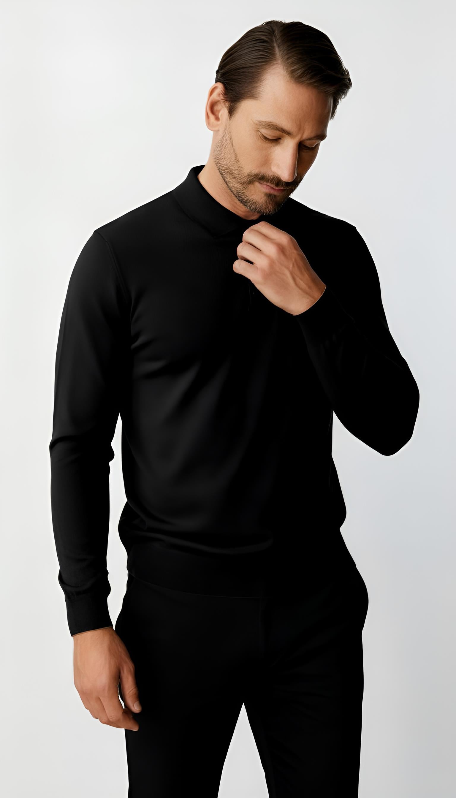 Siyah Standart Fit Dar Kalıp Polo Yaka Düğmeli Düz Uzun Kollu Rayon Triko