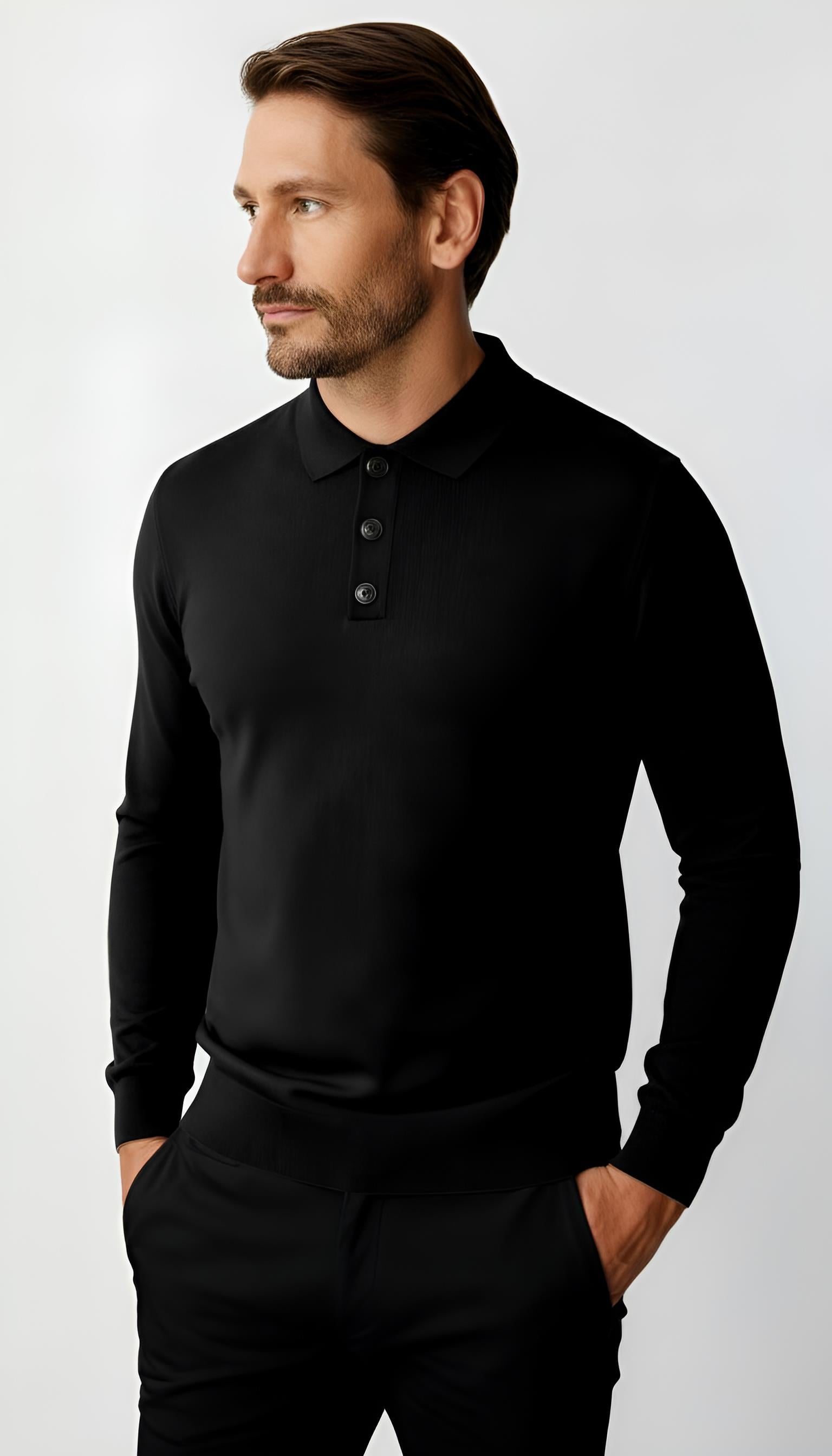 Siyah Standart Fit Dar Kalıp Polo Yaka Düğmeli Düz Uzun Kollu Rayon Triko