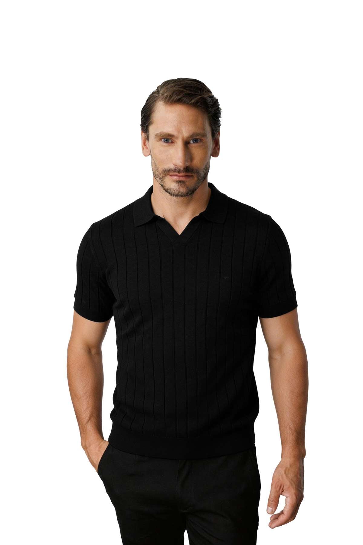 Erkek Siyah Triko Polo Yaka Tişört – Şık ve Modern Fit