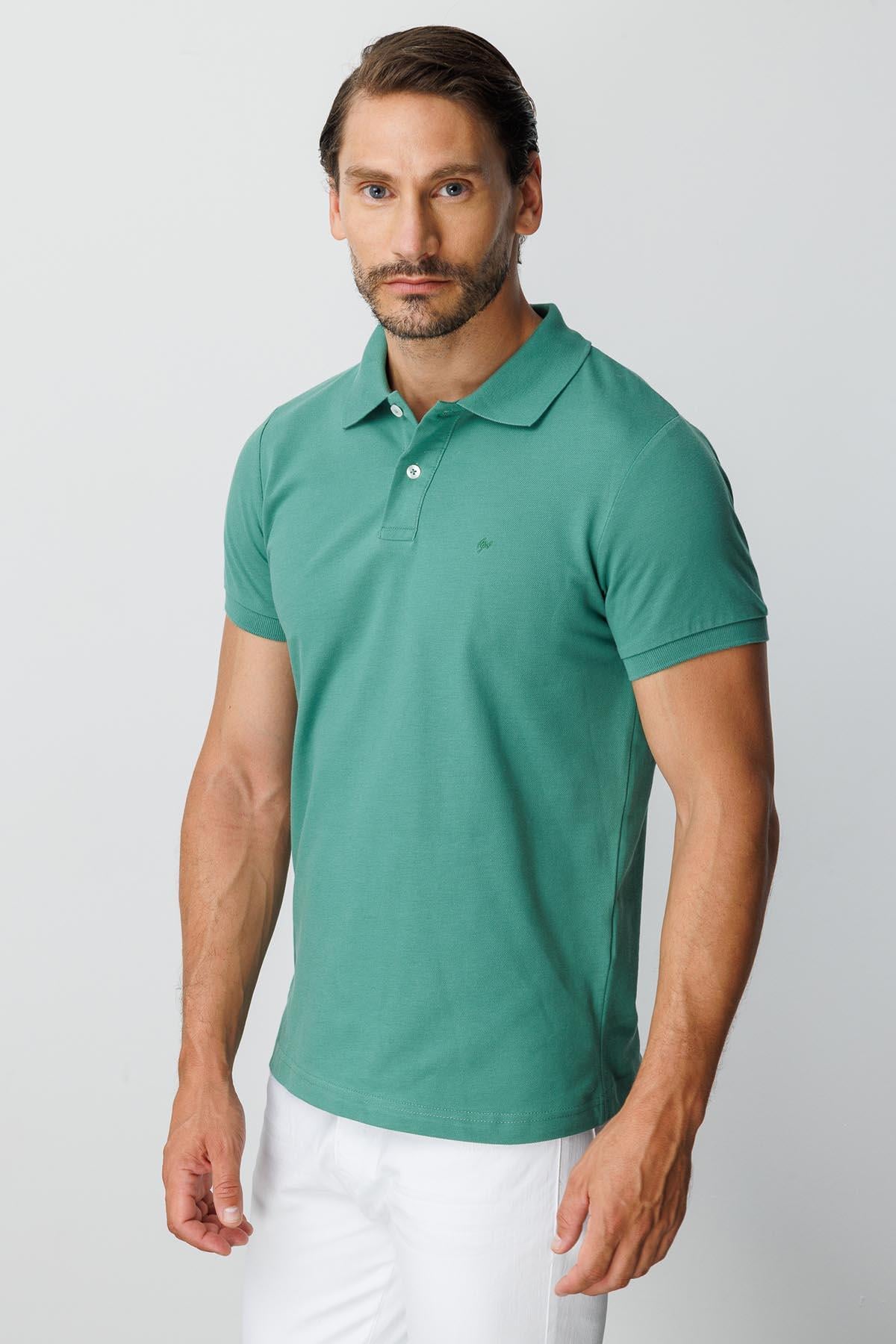 Yeşil Modern Fit Dar Kalıp Polo Yaka Düz Kısa Kollu  %100 Pamuk Tişört
