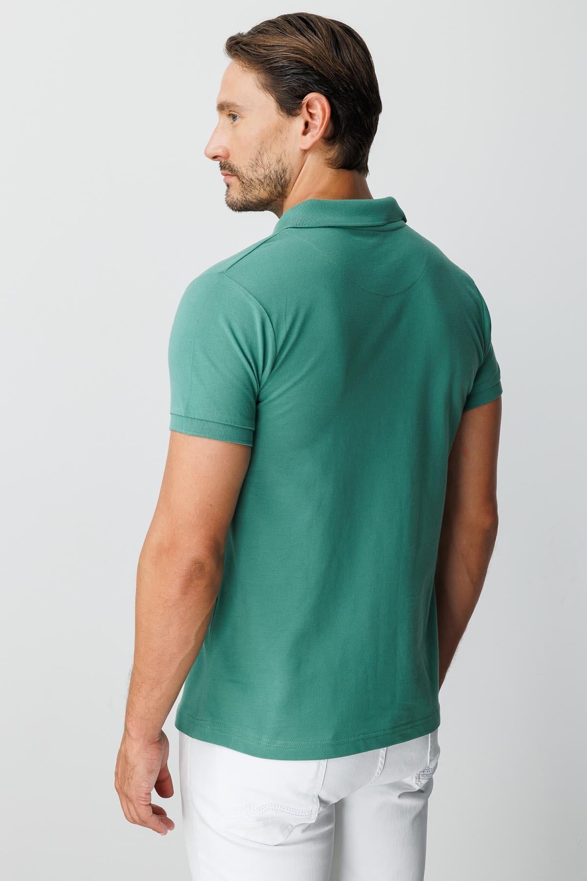 Yeşil Modern Fit Dar Kalıp Polo Yaka Düz Kısa Kollu  %100 Pamuk Tişört