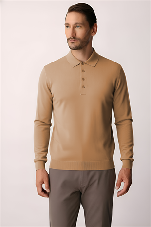 Açık Kahve Standart Fit Dar Kalıp Polo Yaka Düz Uzun Kollu  Triko