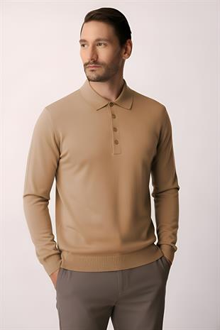 Açık Kahve Standart Fit Dar Kalıp Polo Yaka Düz Uzun Kollu  Triko