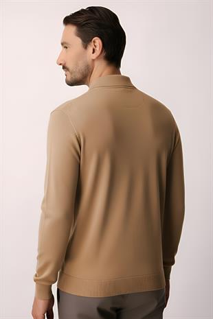 Açık Kahve Standart Fit Dar Kalıp Polo Yaka Düz Uzun Kollu  Triko