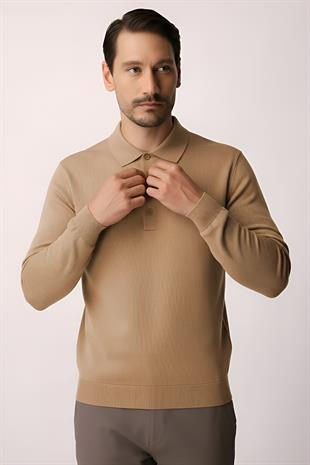 Açık Kahve Standart Fit Dar Kalıp Polo Yaka Düz Uzun Kollu  Triko
