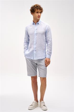 Açık Mavi Dynamic Fit Düğmeli Yaka Çizgili Uzun Kollu Cepsiz %100 Keten Gömlek