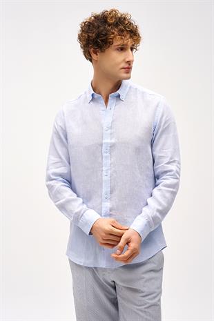 Açık Mavi Dynamic Fit Düğmeli Yaka Çizgili Uzun Kollu Cepsiz %100 Keten Gömlek