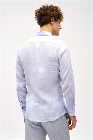 Açık Mavi Dynamic Fit Düğmeli Yaka Çizgili Uzun Kollu Cepsiz %100 Keten Gömlek