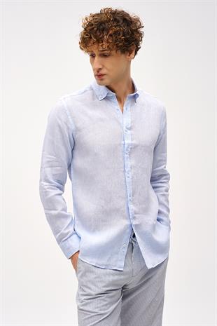 Açık Mavi Dynamic Fit Düğmeli Yaka Çizgili Uzun Kollu Cepsiz %100 Keten Gömlek