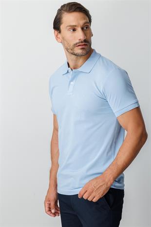 Açık Mavi Modern Fit Dar Kalıp Polo Yaka Düz Kısa Kollu  %100 Pamuk Tişört