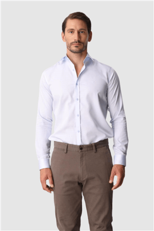 Açık Mavi Slim Fit Dar Kalıp Klasik Yaka Düz Uzun Kollu Cepsiz %100 Pamuk Non Iron Gömlek 