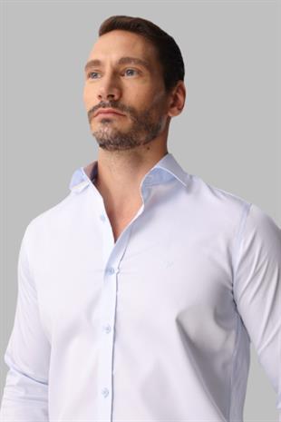 Açık Mavi Slim Fit Dar Kalıp Klasik Yaka Düz Uzun Kollu Cepsiz %100 Pamuk Gömlek