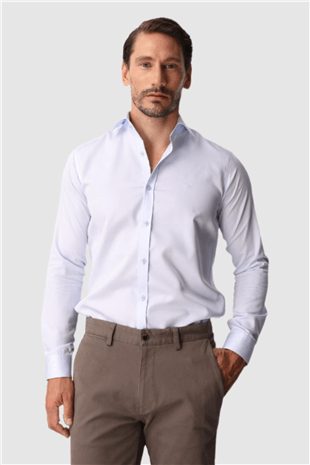 Açık Mavi Slim Fit Dar Kalıp Klasik Yaka Düz Uzun Kollu Cepsiz %100 Pamuk Non Iron Gömlek 