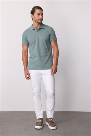 Açık Yeşil Modern Fit Dar Kalıp Polo Yaka Düz Kısa Kollu  %100 Pamuk Tişört