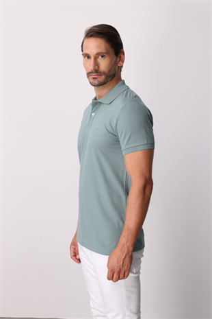 Açık Yeşil Modern Fit Dar Kalıp Polo Yaka Düz Kısa Kollu  %100 Pamuk Tişört