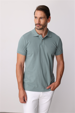 Açık Yeşil Modern Fit Dar Kalıp Polo Yaka Düz Kısa Kollu  %100 Pamuk Tişört