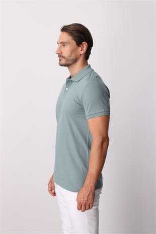 Açık Yeşil Modern Fit Dar Kalıp Polo Yaka Düz Kısa Kollu  %100 Pamuk Tişört